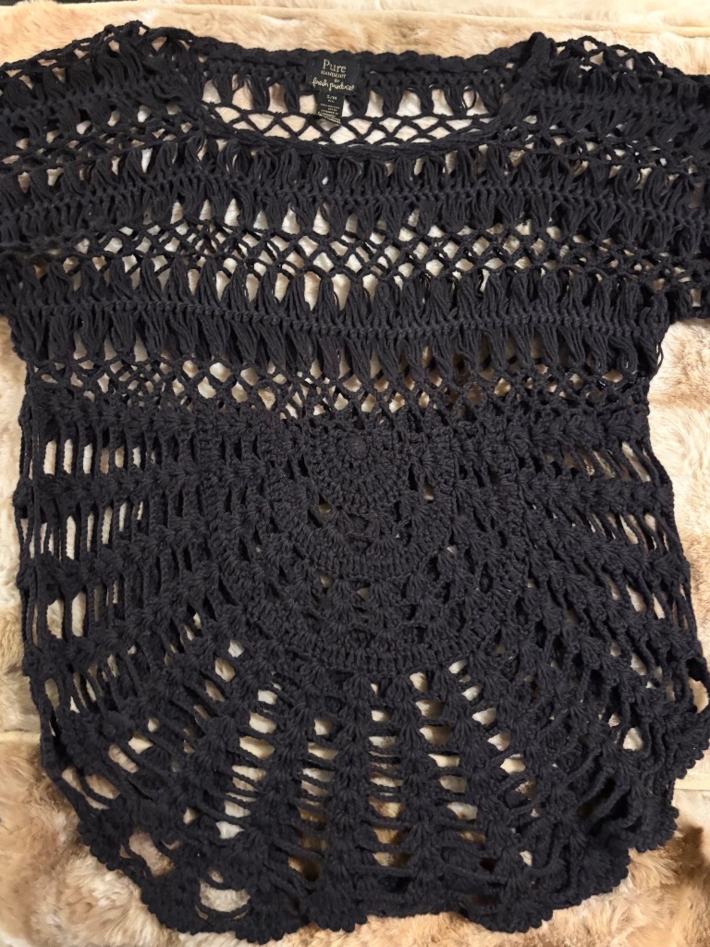 Pure Handknit Crochet Top Black 3/4 Sleeves Sz S/M